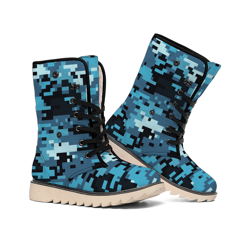 Blue And Black Digital Camo Print Winter Boots