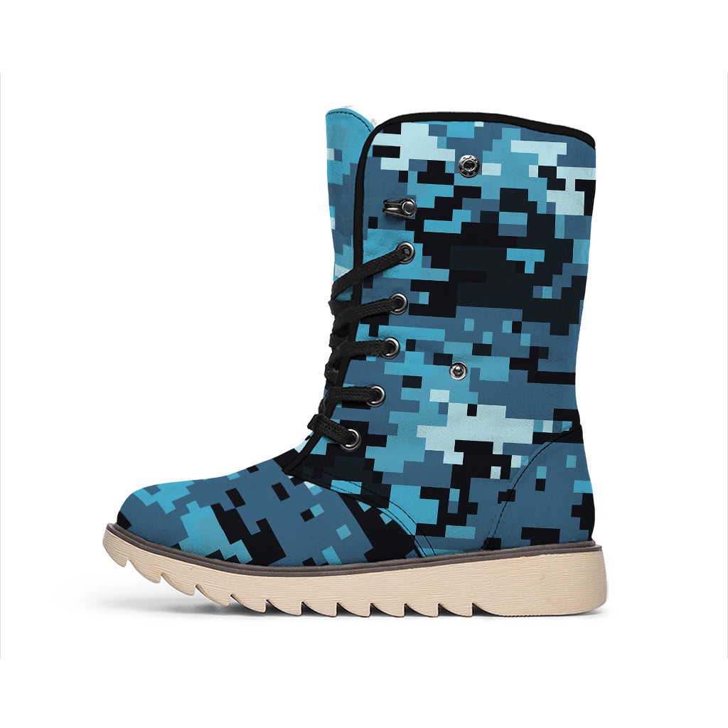 Blue And Black Digital Camo Print Winter Boots