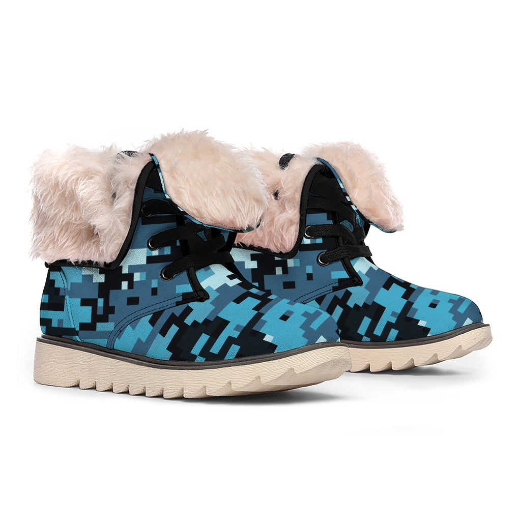 Blue And Black Digital Camo Print Winter Boots