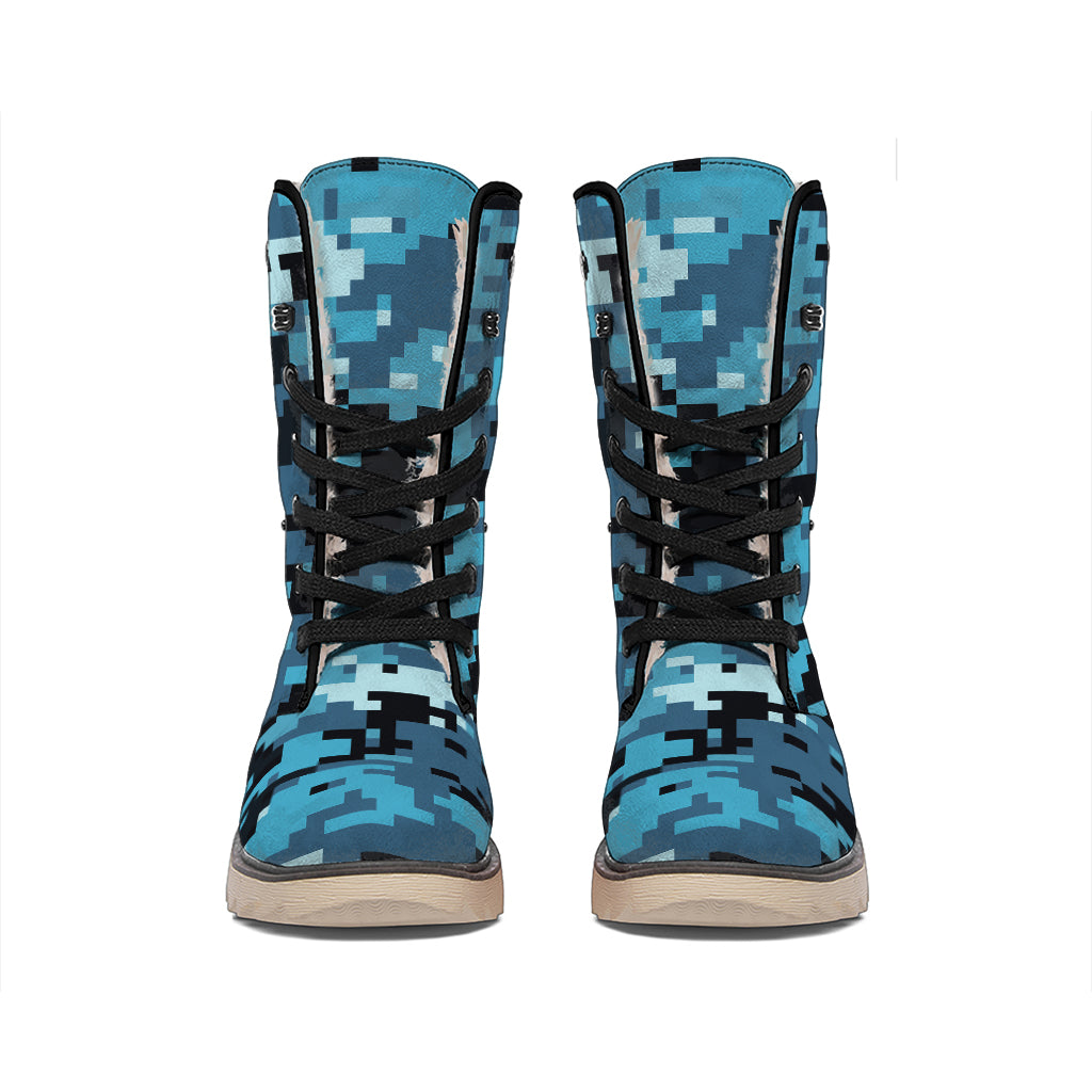 Blue And Black Digital Camo Print Winter Boots