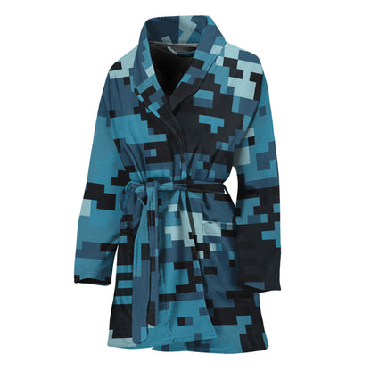 Blue And Black Digital Camo Print Women's Bathrobe