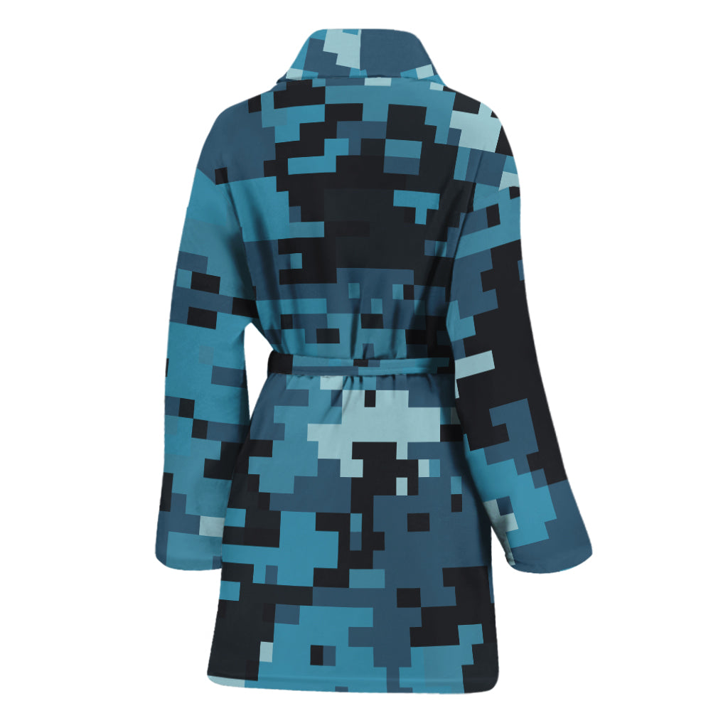 Blue And Black Digital Camo Print Women's Bathrobe