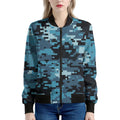 Blue And Black Digital Camo Print Women's Bomber Jacket