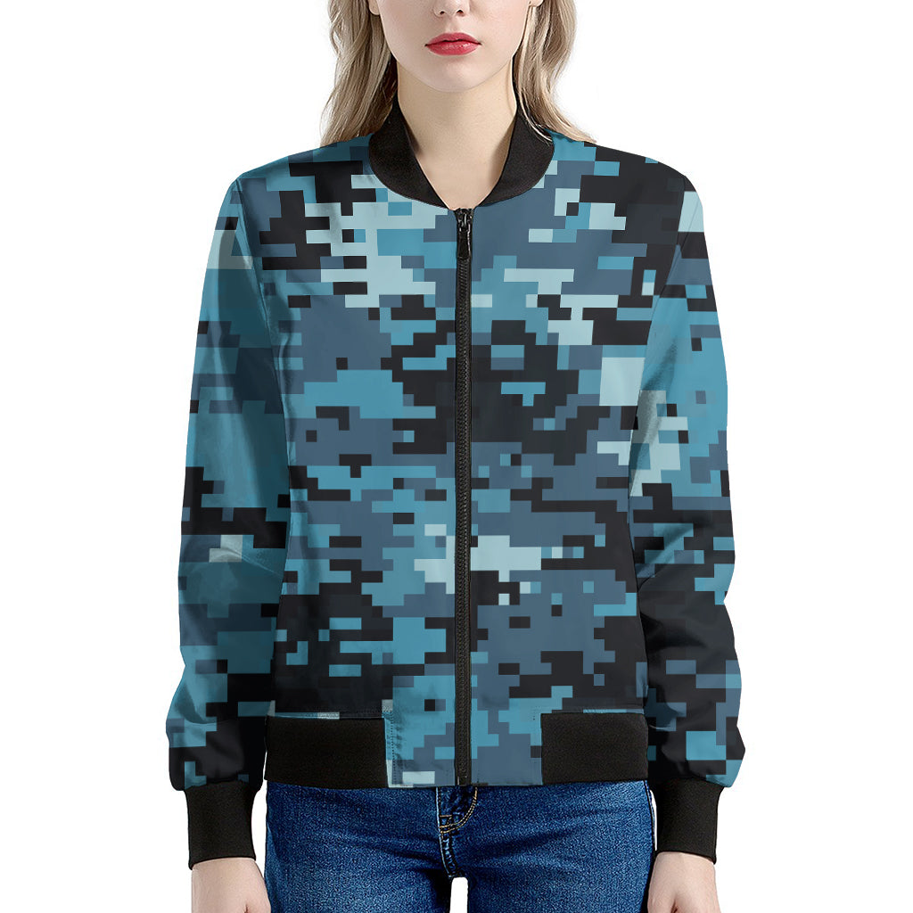 Blue And Black Digital Camo Print Women's Bomber Jacket