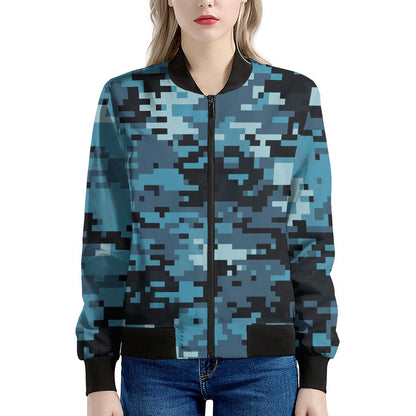 Blue And Black Digital Camo Print Women's Bomber Jacket