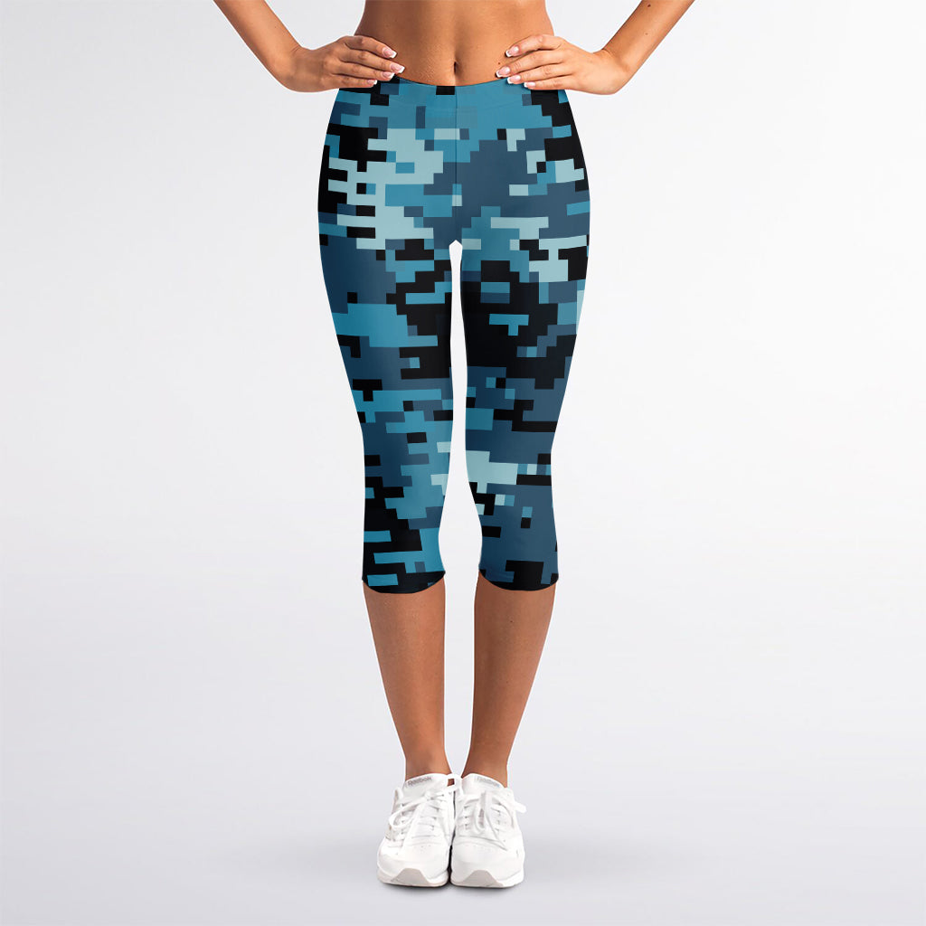Blue And Black Digital Camo Print Women's Capri Leggings