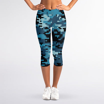 Blue And Black Digital Camo Print Women's Capri Leggings