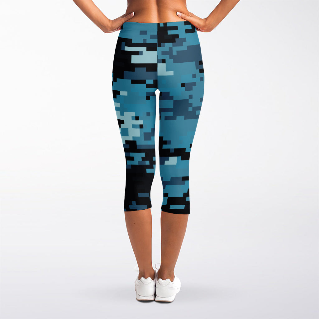 Blue And Black Digital Camo Print Women's Capri Leggings