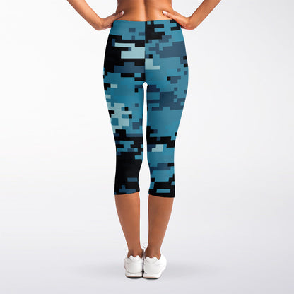 Blue And Black Digital Camo Print Women's Capri Leggings