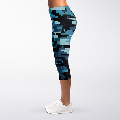 Blue And Black Digital Camo Print Women's Capri Leggings