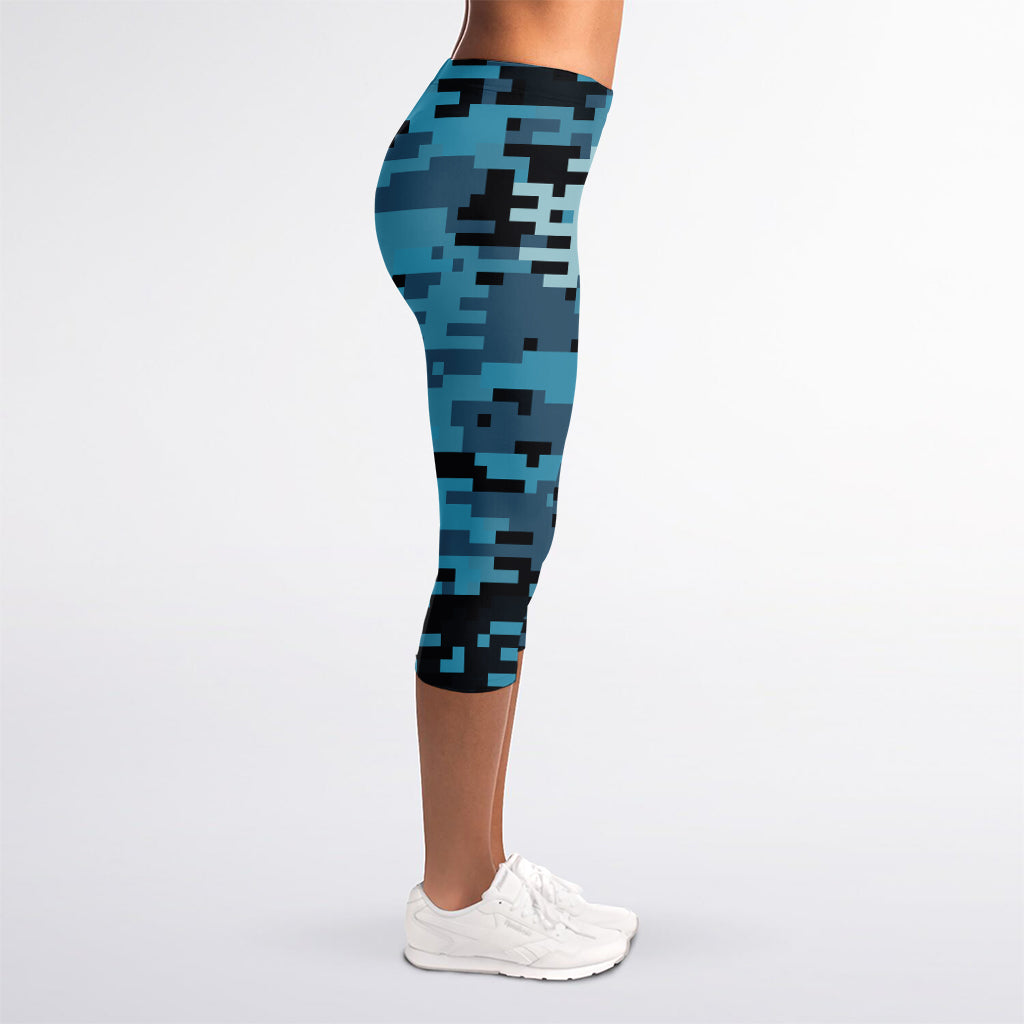 Blue And Black Digital Camo Print Women's Capri Leggings
