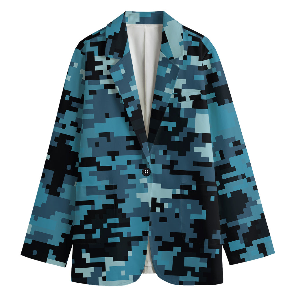 Blue And Black Digital Camo Print Women's Cotton Blazer
