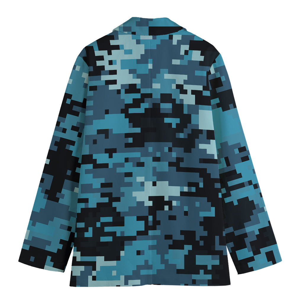Blue And Black Digital Camo Print Women's Cotton Blazer
