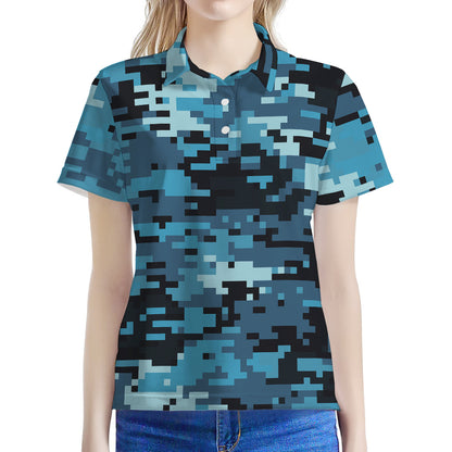 Blue And Black Digital Camo Print Women's Polo Shirt