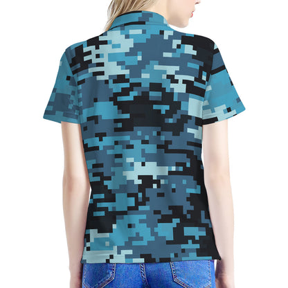 Blue And Black Digital Camo Print Women's Polo Shirt
