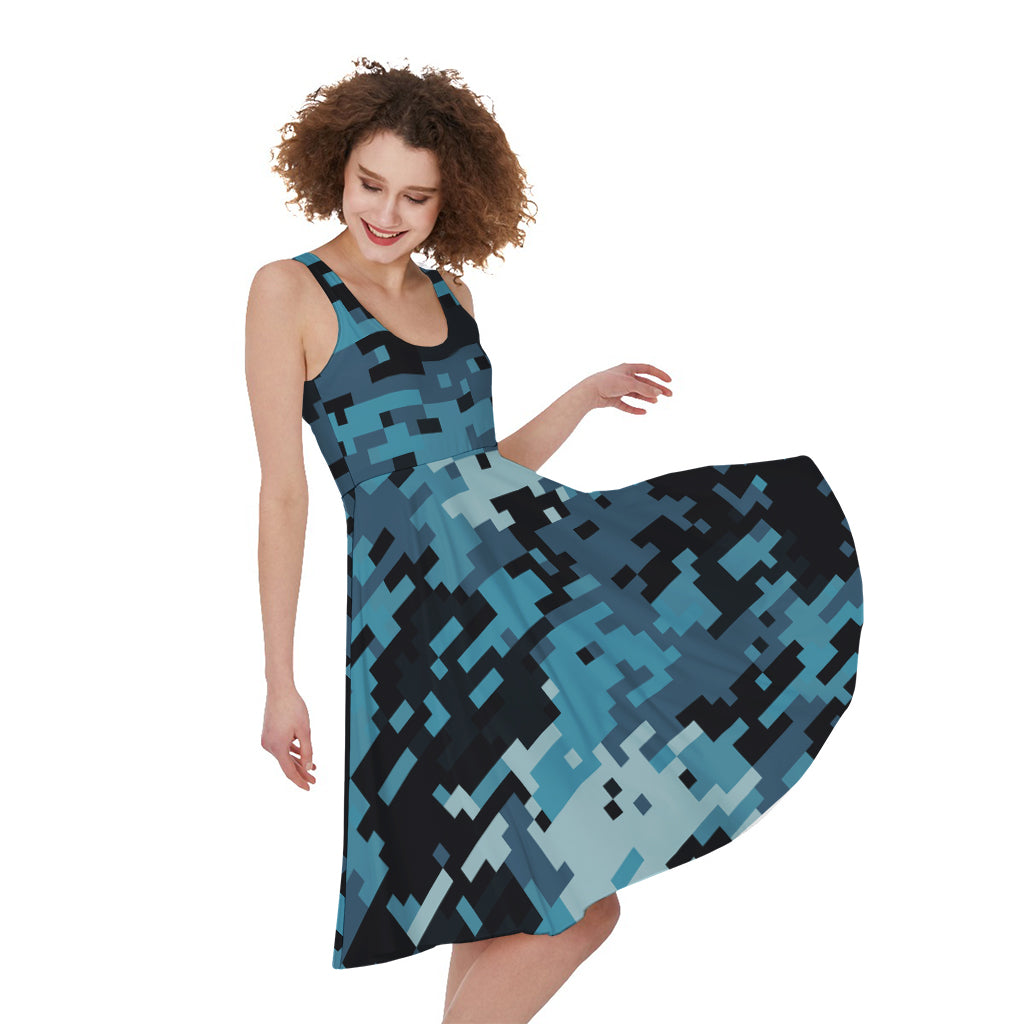 Blue And Black Digital Camo Print Women's Sleeveless Dress