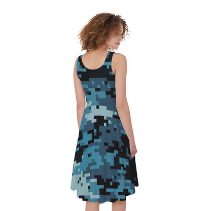 Blue And Black Digital Camo Print Women's Sleeveless Dress