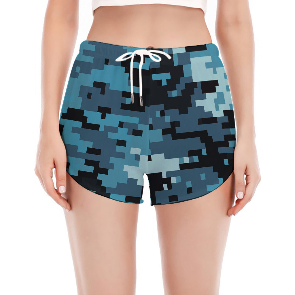 Blue And Black Digital Camo Print Women's Split Running Shorts