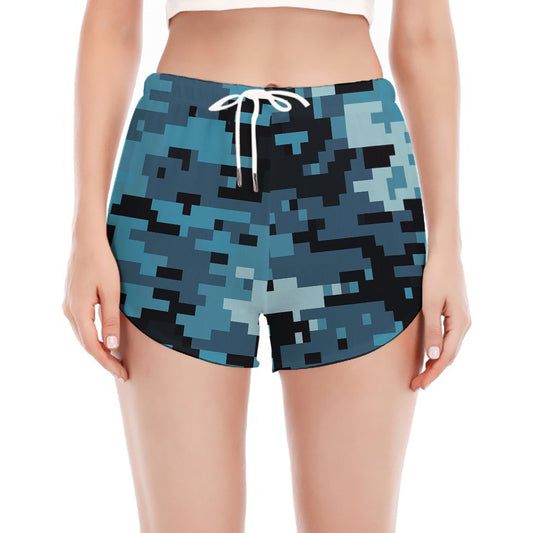 Blue And Black Digital Camo Print Women's Split Running Shorts