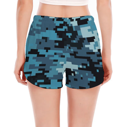 Blue And Black Digital Camo Print Women's Split Running Shorts