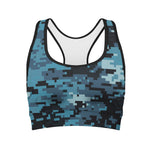 Blue And Black Digital Camo Print Women's Sports Bra