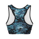 Blue And Black Digital Camo Print Women's Sports Bra