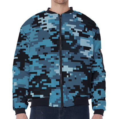 Blue And Black Digital Camo Print Zip Sleeve Bomber Jacket