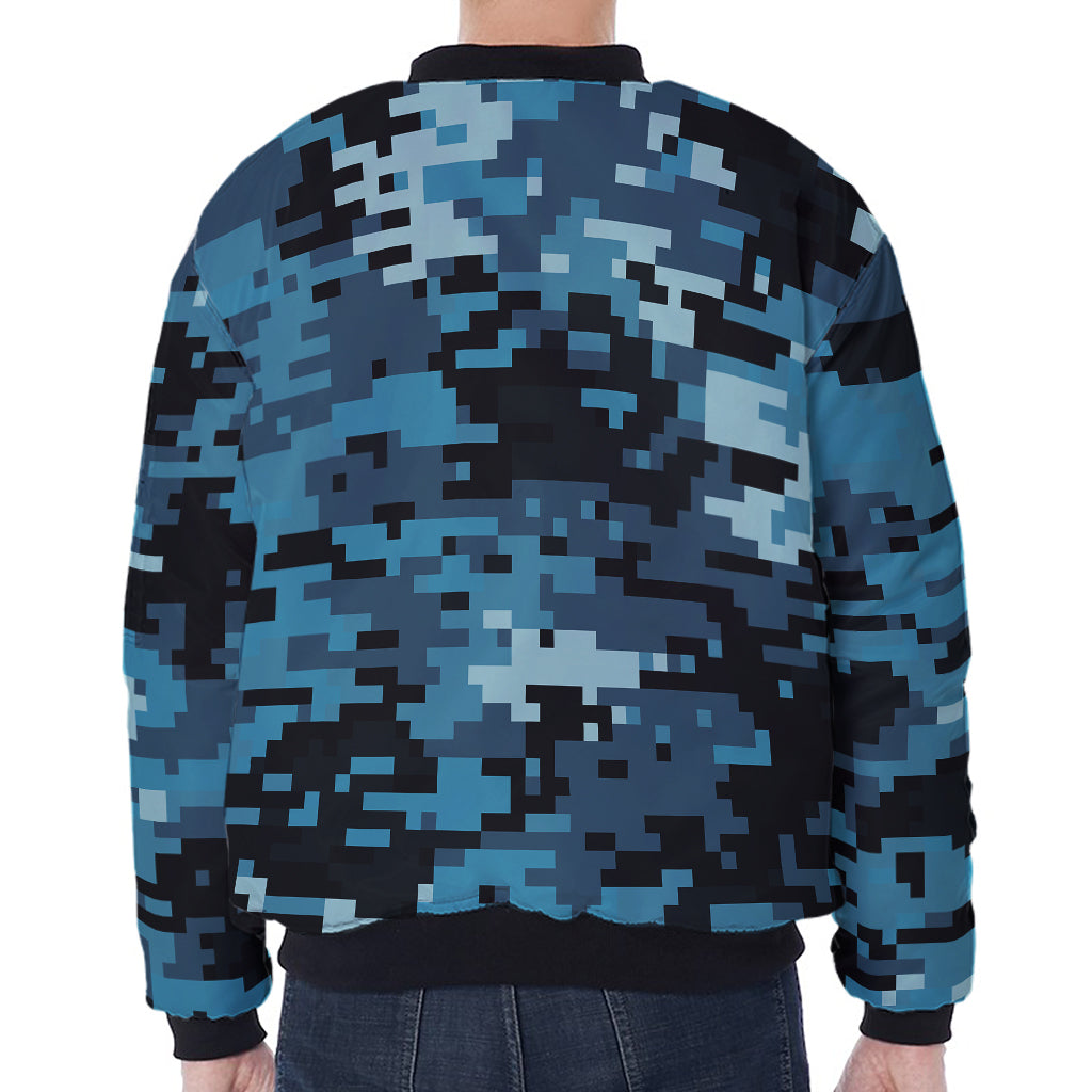 Blue And Black Digital Camo Print Zip Sleeve Bomber Jacket