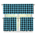 Blue And Black Houndstooth Pattern Print 3 Piece Kitchen Curtains