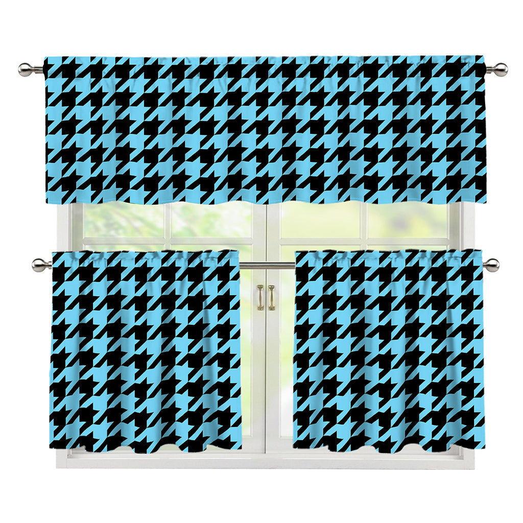 Blue And Black Houndstooth Pattern Print 3 Piece Kitchen Curtains