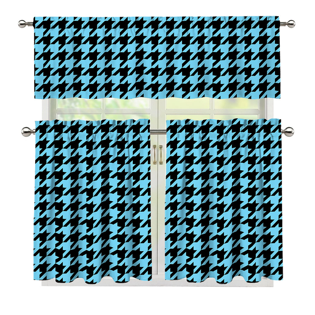 Blue And Black Houndstooth Pattern Print 3 Piece Kitchen Curtains