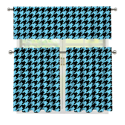 Blue And Black Houndstooth Pattern Print 3 Piece Kitchen Curtains