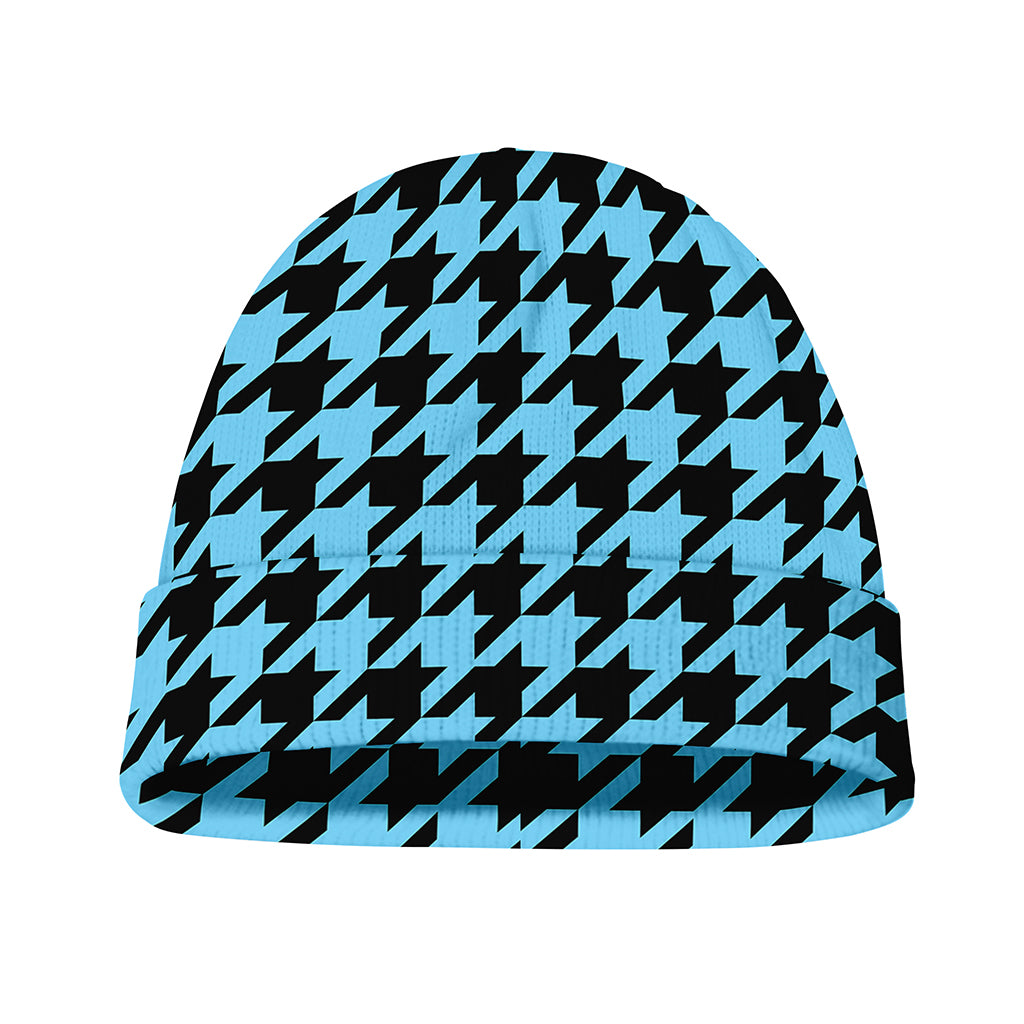 Blue And Black Houndstooth Pattern Print Beanie
