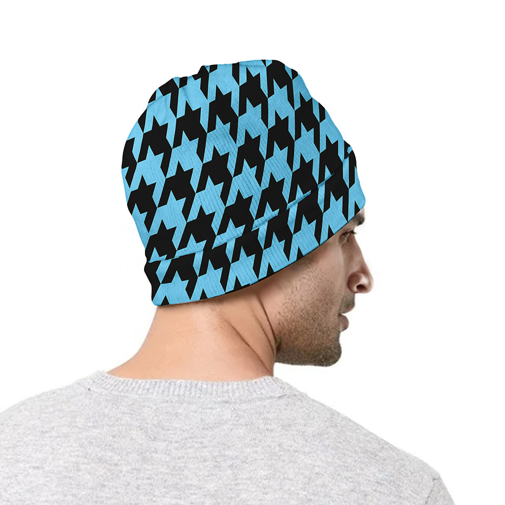 Blue And Black Houndstooth Pattern Print Beanie