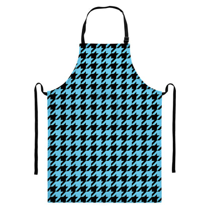 Blue And Black Houndstooth Pattern Print Bib Apron With Pocket