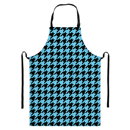 Blue And Black Houndstooth Pattern Print Bib Apron With Pocket