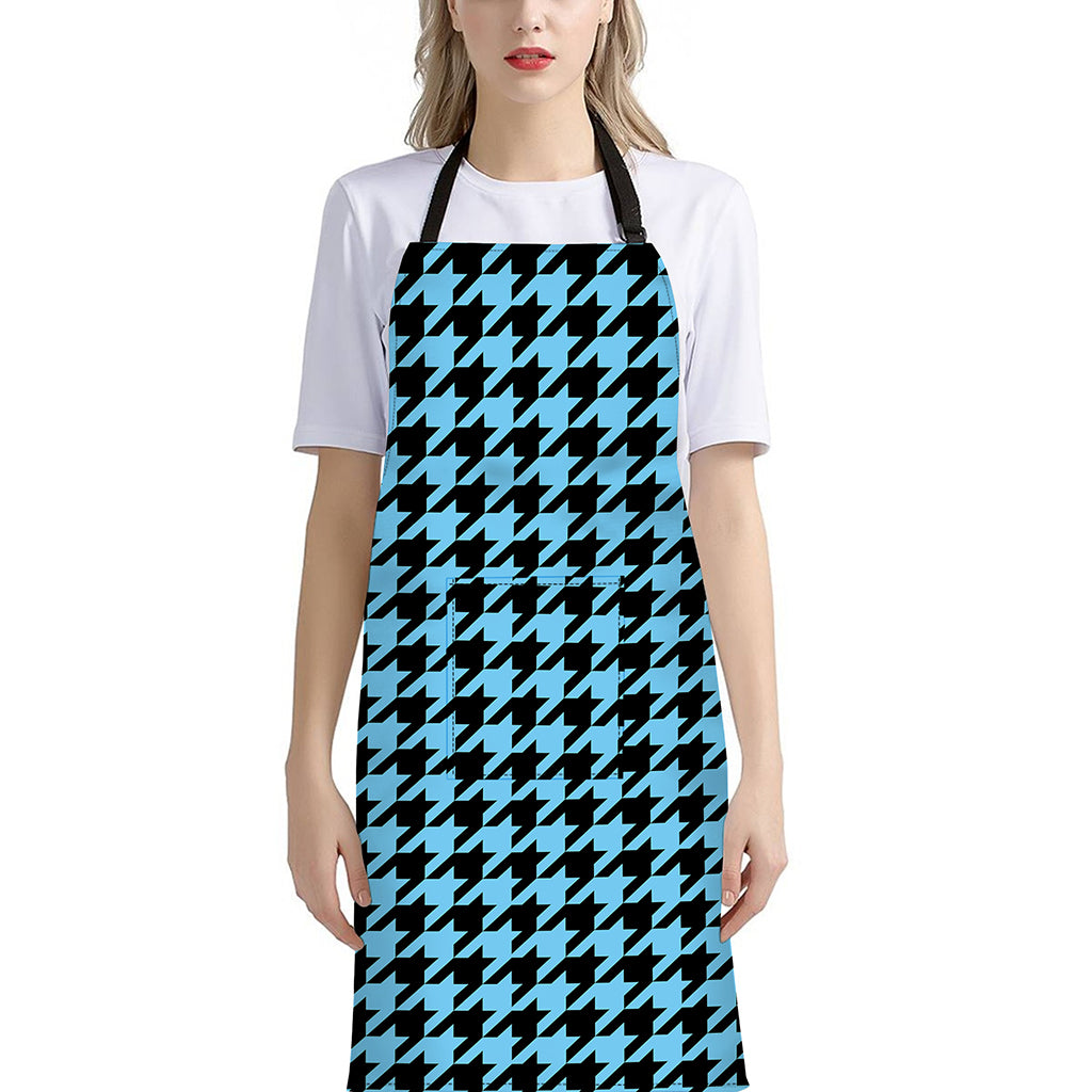 Blue And Black Houndstooth Pattern Print Bib Apron With Pocket