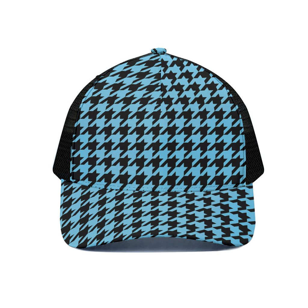 Blue And Black Houndstooth Pattern Print Black Mesh Trucker Cap