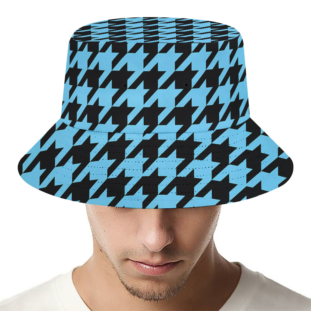 Blue And Black Houndstooth Pattern Print Bucket Hat