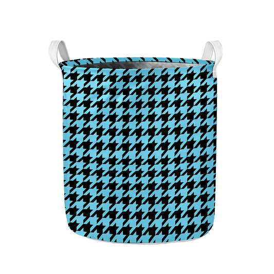 Blue And Black Houndstooth Pattern Print Collapsible Laundry Basket