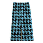 Blue And Black Houndstooth Pattern Print Cotton Front Slit Maxi Skirt