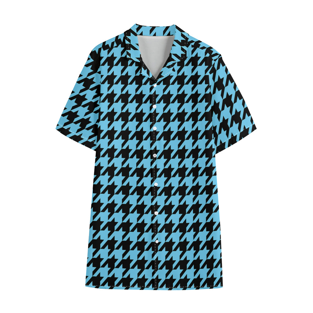 Blue And Black Houndstooth Pattern Print Cotton Hawaiian Shirt