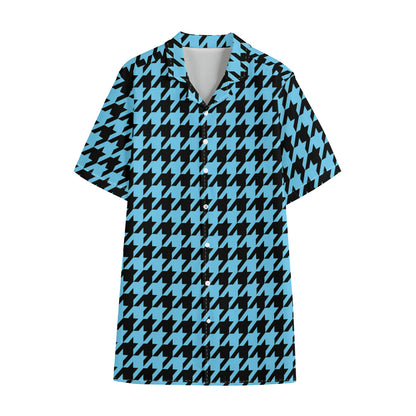 Blue And Black Houndstooth Pattern Print Cotton Hawaiian Shirt