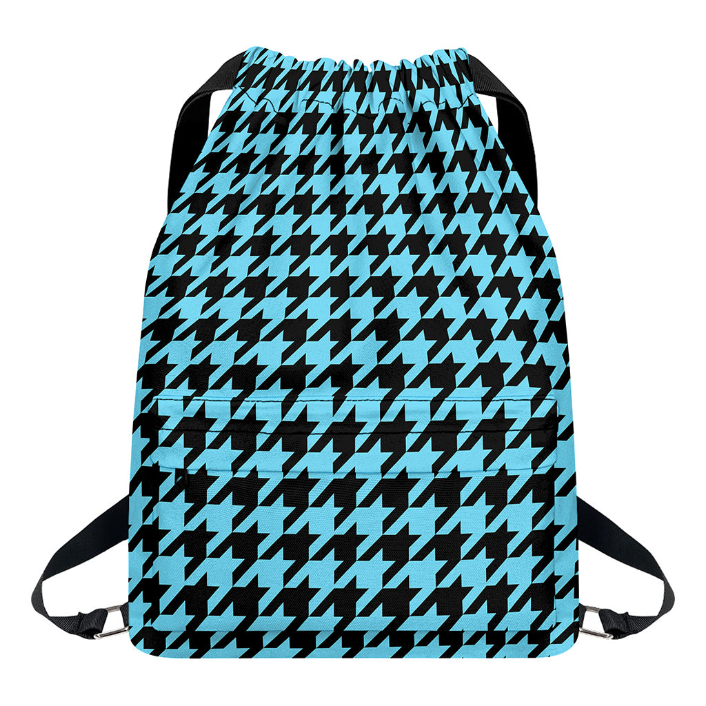 Blue And Black Houndstooth Pattern Print Drawstring Backpack