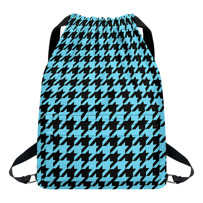 Blue And Black Houndstooth Pattern Print Drawstring Backpack