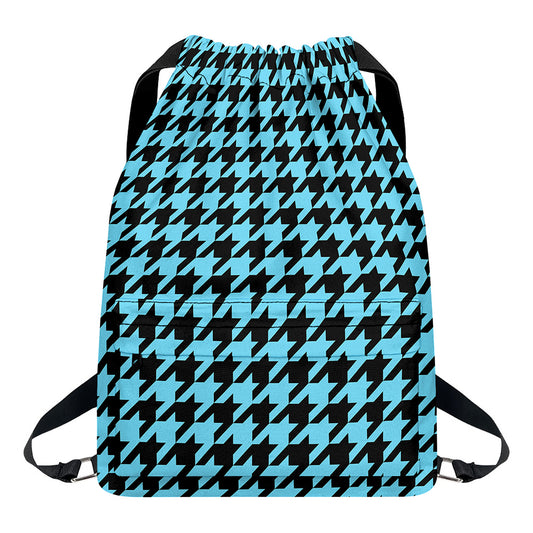Blue And Black Houndstooth Pattern Print Drawstring Backpack