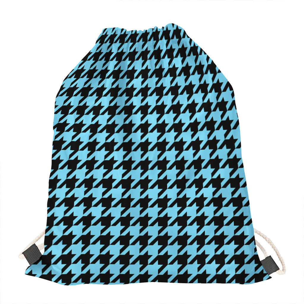 Blue And Black Houndstooth Pattern Print Drawstring Bag