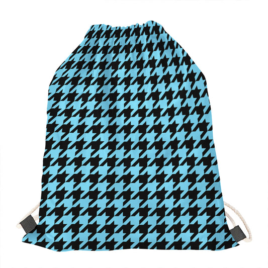 Blue And Black Houndstooth Pattern Print Drawstring Bag