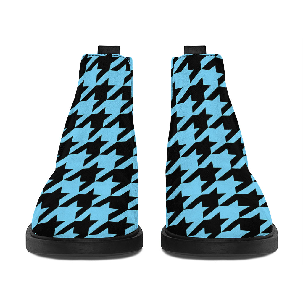Blue And Black Houndstooth Pattern Print Flat Ankle Boots