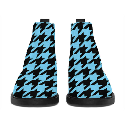 Blue And Black Houndstooth Pattern Print Flat Ankle Boots